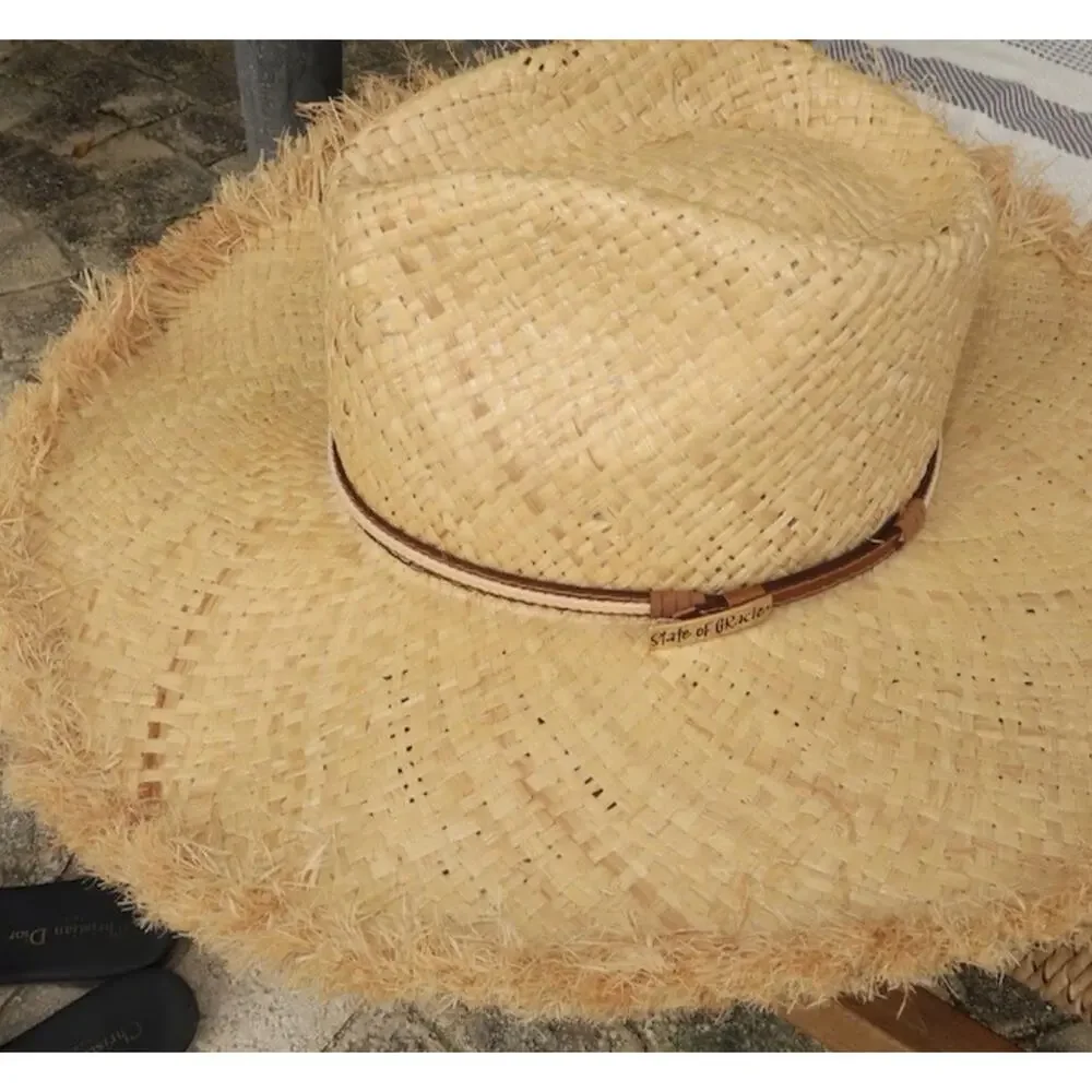 HAT FEDORA WIDE BRIM RAFFIA STRAW HAT